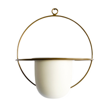 Cargar imagen en el visor de la galería, Mural circular dorado + macetero metálico oval blanco
